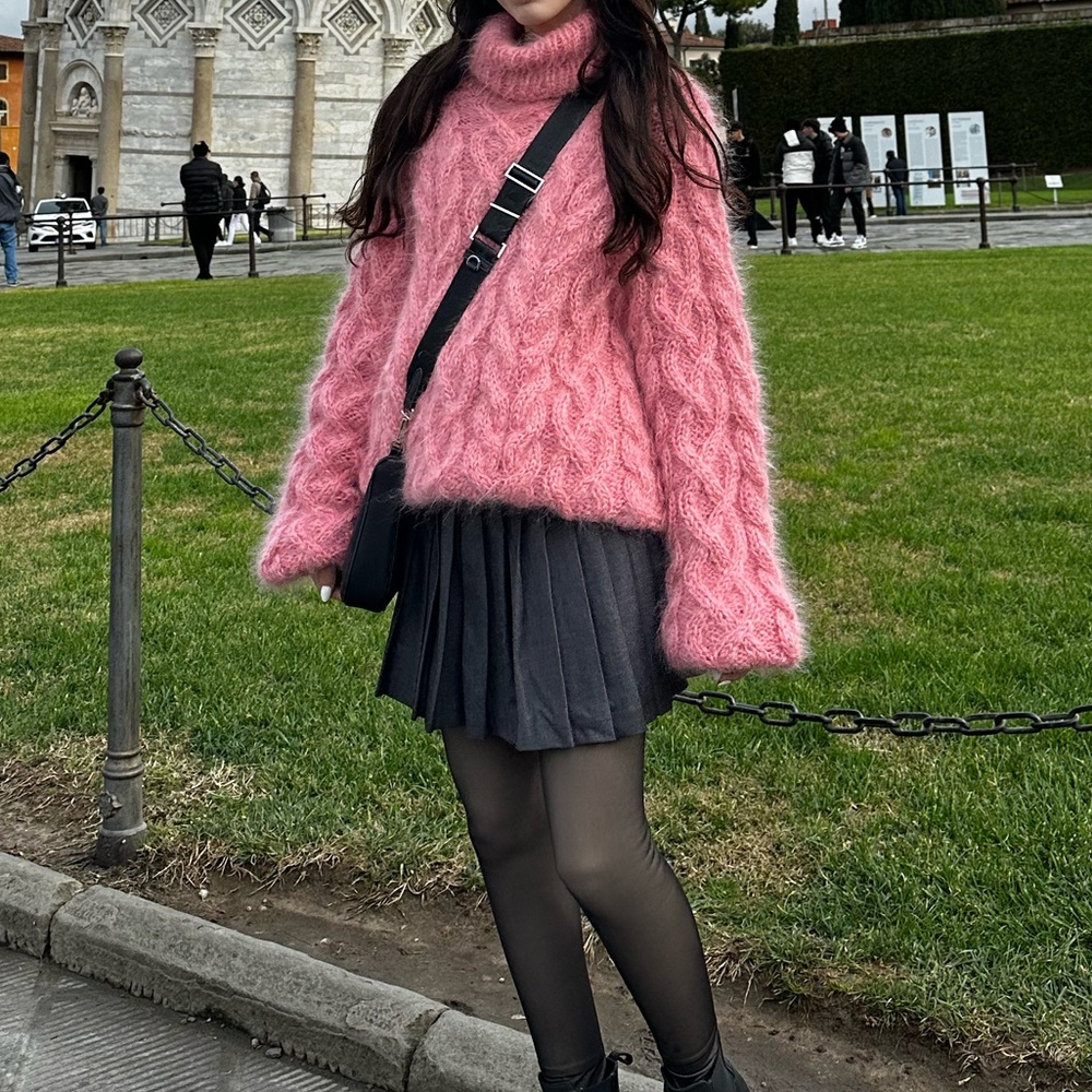 Pink mohair hand knitted cable sweater